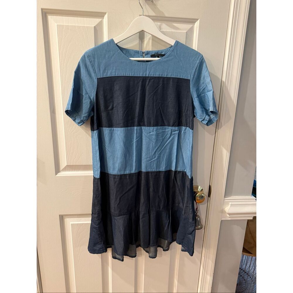 FRNCH Blue Chambray Stripe Flounce Hem Dress sz L